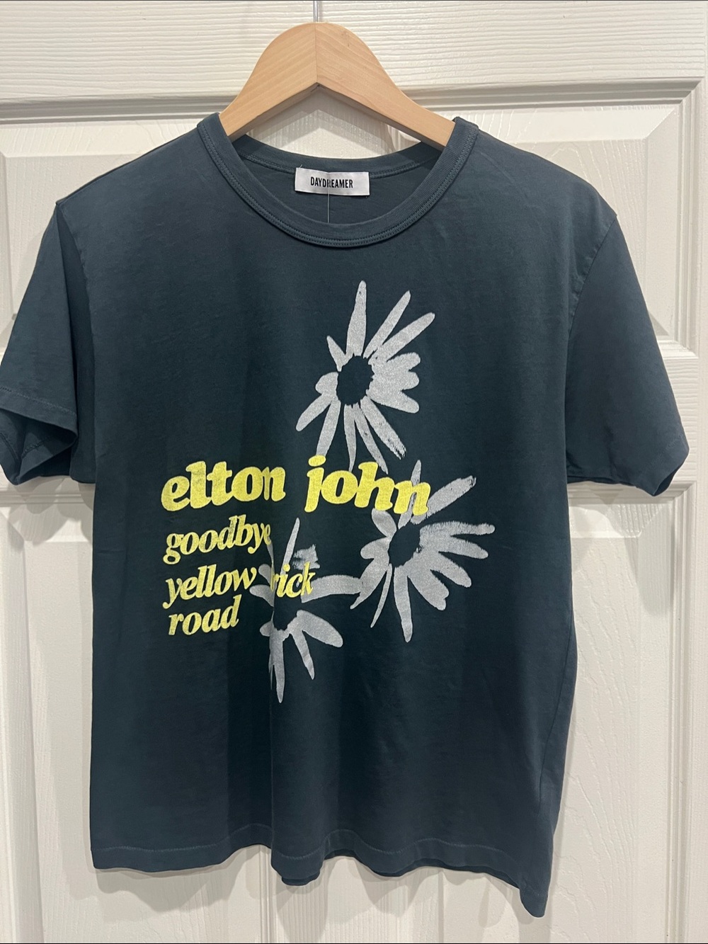 New Daydreamer Black Tee with Yellow Elton John Text & White Daisy Print